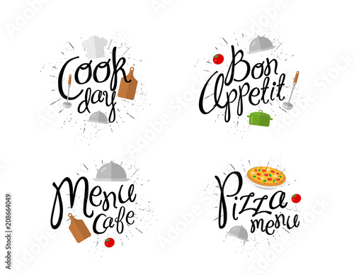 Vector labels for the menu of the restaurant or cafe "bon appetite", "pizza menu", "cook day", "cafe menu" in the form of a sketch, illustration Font Text, ladles, pots and tomatoes, lettering