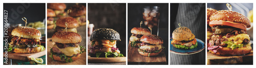 A collage of Home burgers in a rustic style. Fish burger, cheeseburger, pulled burger and burger with pineapple
