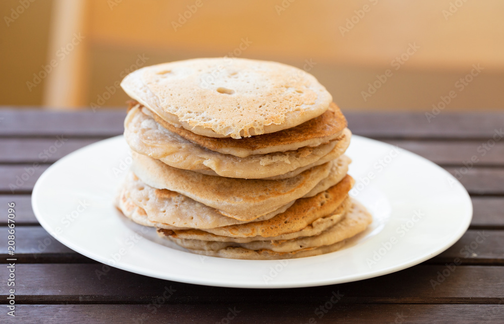 Close up of vegan buckwheat pancake tower Close up of vegan buckwheat pancake tower