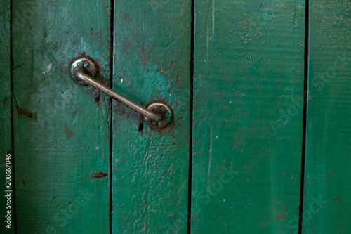Old wooden green door with handle