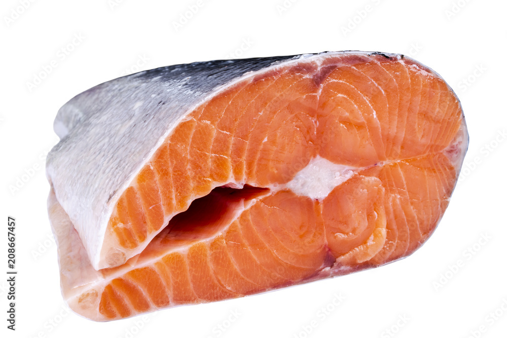Fresh salmon steak isolated on the white background. Salmon Red Fish Steak. Large Pile of salmon steak. Big organic steaks of salmon lined up. Big pieces raw salmon.