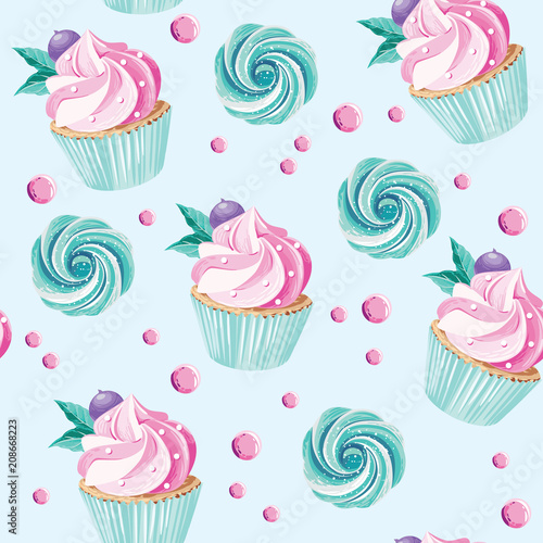 Cupcakes, candies, zephyrs on the mint background. Seamless pattern