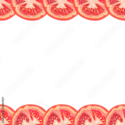 Vector seamless decorative border of juicy tomato slice on white background