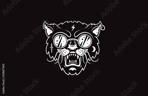 Cat logo illustration. Evil cat. Emblem design on black background