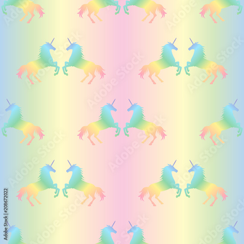  Vector illustration of seamless pattern from rainbow unicorns on pastel rainbow background. Unicorn texture