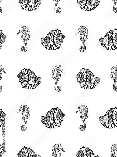 Vector seamless pattern of sketch black seashell and seahorse on white background. Coloring page book of sea shell and seahorse