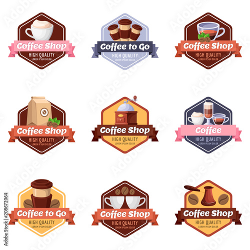 Coffee shop vector logo, label, sticker, emblem set. Cafe or restaurant breakfast menu isolated design elements.