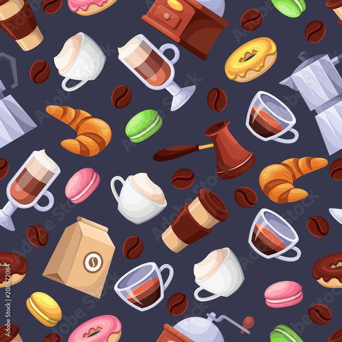 Coffee shop vector seamless black pattern. Cartoon flat illustration. Textile print background design elements