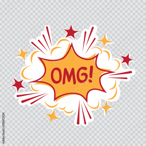 Cartoon message illustration on transparent background. Comic sound effect graphic. Omg letters posted on colorful communication quote bubble
