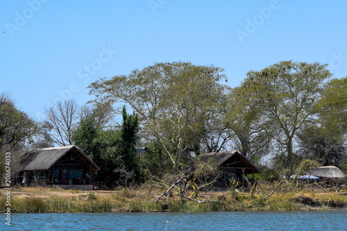 View of village on river in Malawi, Africa