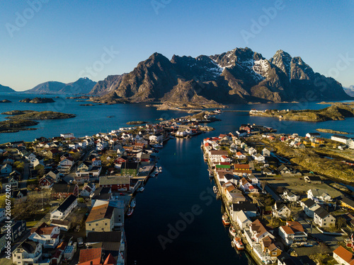 Aerial view over the fishing harbor of Henningsvaer at Lofoten Islands / Norway