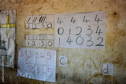 Childrens schoolwork in village in Malawi, Africa