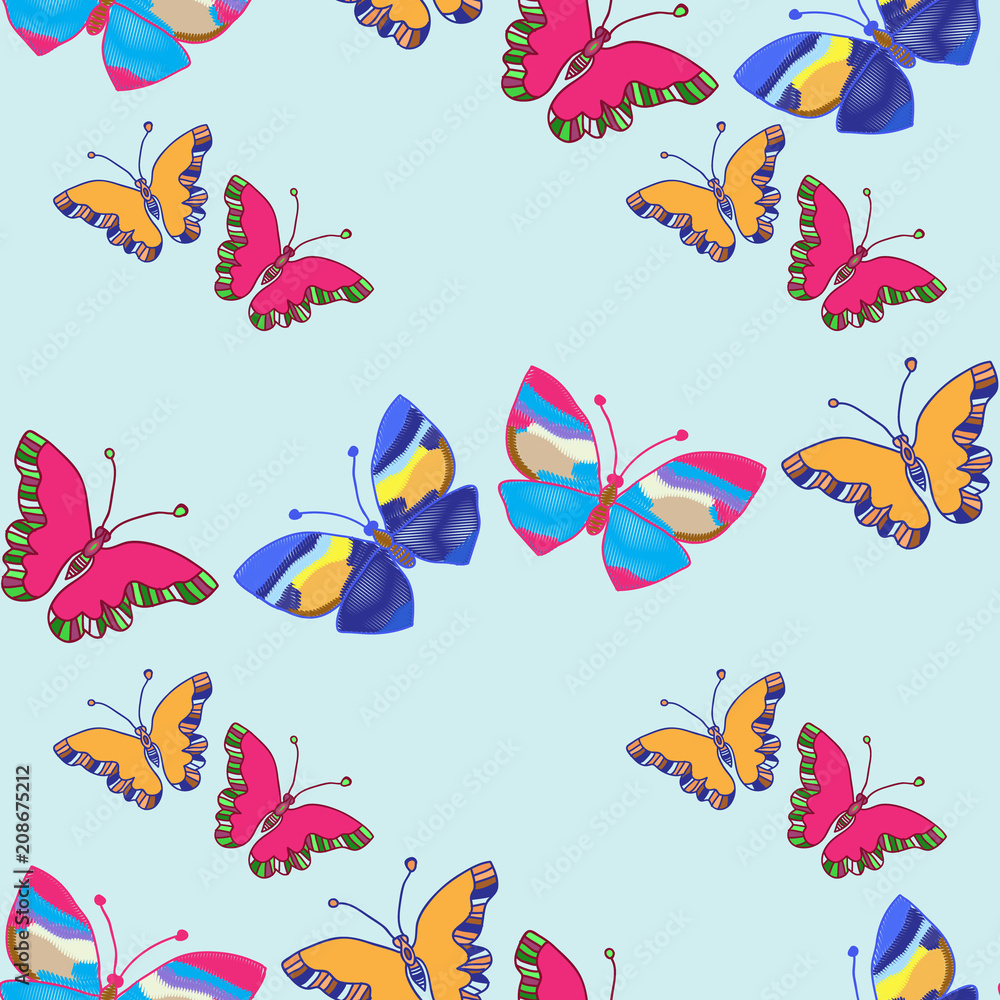 Seamless background of colorful embroidered butterflies on light background, vector illustration