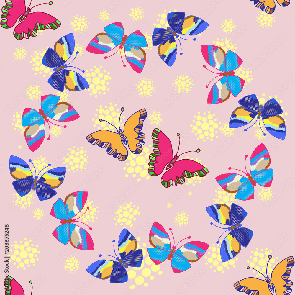 Seamless background of colorful embroidered butterflies on light background, vector illustration