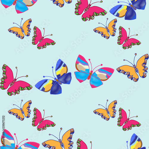Seamless background of colorful embroidered butterflies on light background  vector illustration