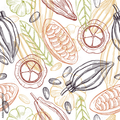 Hand drawn cocoa bean on white background. Vector seamless pattern