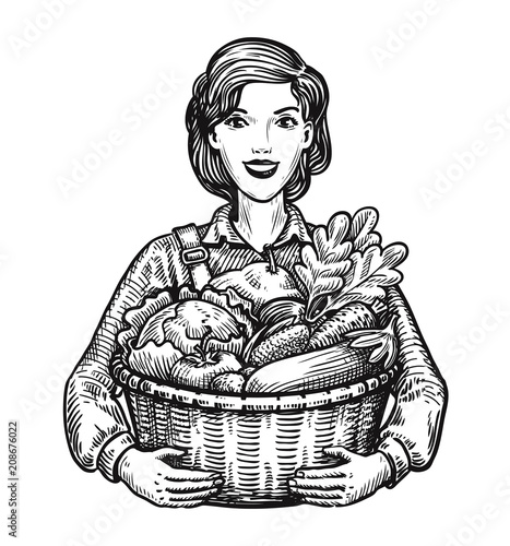 Beautiful girl or happy farmer holding a wicker basket full of vegetables. Agriculture, horticulture, farm concept. Hand-drawn sketch vector illustration