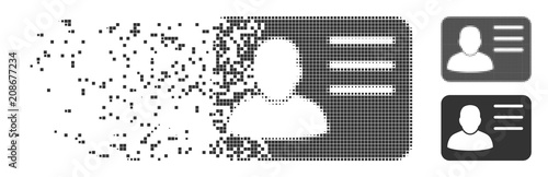Gray vector account card icon in dissolved, pixelated halftone and undamaged solid variants. Rectangular particles are used for disappearing effect.