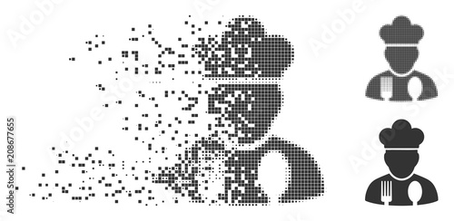 Gray vector cook profession icon in dispersed, dotted halftone and undamaged entire variants. Rectangle dots are used for disintegration effect.