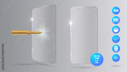 Shot a bullet in protective glass, a crack on glass. Vector screen protector film or glass cover isolated on grey background, mobile accessory.