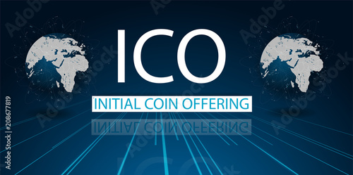 ICO initial coin offering futuristic hud background with world map and blockchain peer to peer network. Global cryptocurrency ICO coin sale event - blockchain business banner concept.