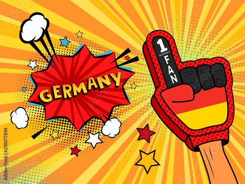 Male hand in the country flag glove of a sports fan raised up celebrating win and Germany speech bubble with stars and clouds. Vector colorful illustration in retro comic style