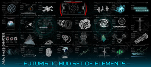 Futuristic HUD set of elements.3D Set abstract HUD elements for UI UX design. Statistic and data, information infographic. Futuristic Sci-Fi user Interface for app Mechanical scheme HUD
