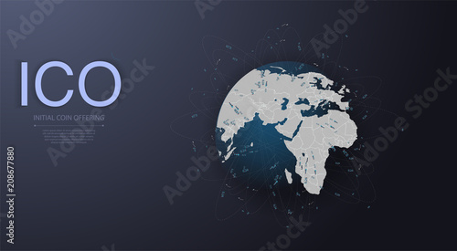 ICO initial coin offering futuristic hud background with world map and blockchain peer to peer network. Global cryptocurrency ICO coin sale event - blockchain business banner concept.