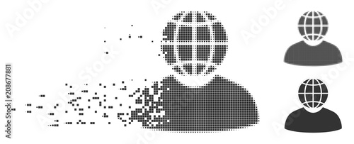 Grey vector global politician icon in fractured, pixelated halftone and undamaged entire versions. Rectangular dots are used for disintegration effect.