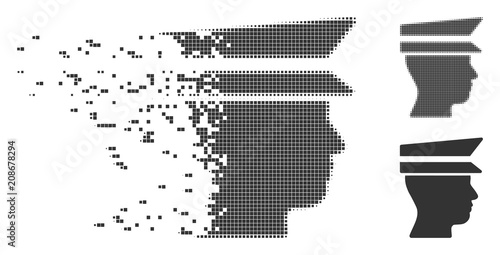 Grey vector officer head icon in dispersed, pixelated halftone and undamaged entire versions. Rectangular particles are used for disintegration effect.