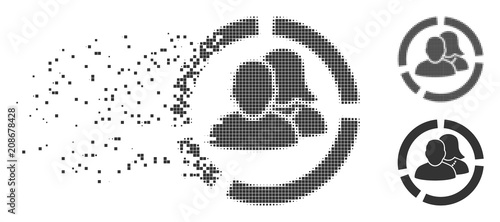 Gray vector people diagram icon in dispersed, dotted halftone and undamaged whole versions. Rectangular particles are used for disintegration effect.
