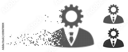 Gray vector soulless official bureaucrat icon in dispersed, dotted halftone and undamaged solid variants. Rectangle dots are used for disintegration effect.
