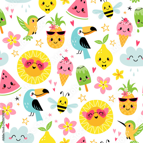 Seamless pattern of cute summer cartoon characters on white background