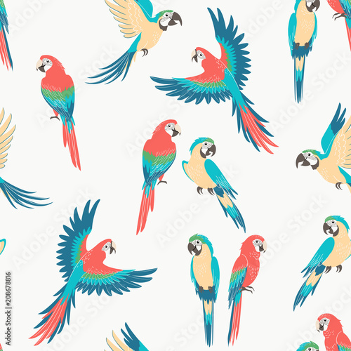 Seamless pattern of sitting and flying macaw parrots