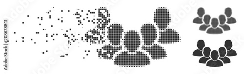 Gray vector staff icon in dissolved, pixelated halftone and undamaged entire variants. Rectangle dots are used for disappearing effect. Points are combined into dissipated staff pictogram.