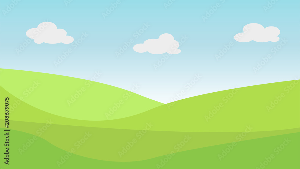 Valley landscape with hills and clouds. Vector illustration.