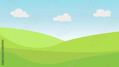 Valley landscape with hills and clouds. Vector illustration.