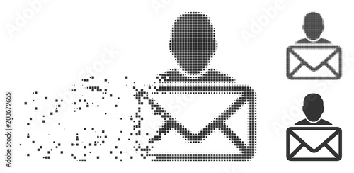 Gray vector mail recipient icon in fractured, dotted halftone and undamaged whole versions. Rectangle particles are used for disintegration effect.