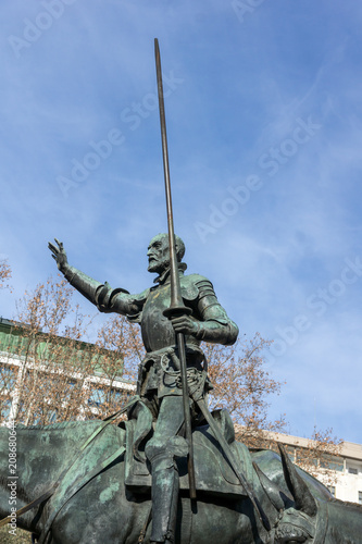 Monument to Cervantes and Don Quixote and Sancho Panza at Spain Square in City of Madrid, Spain