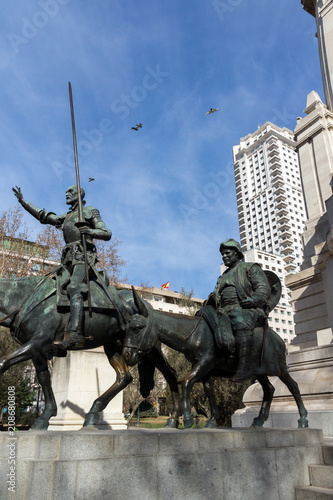 Monument to Cervantes and Don Quixote and Sancho Panza at Spain Square in City of Madrid, Spain