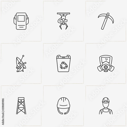 Industry line icon set with worker helmet, tower and icebreaker
