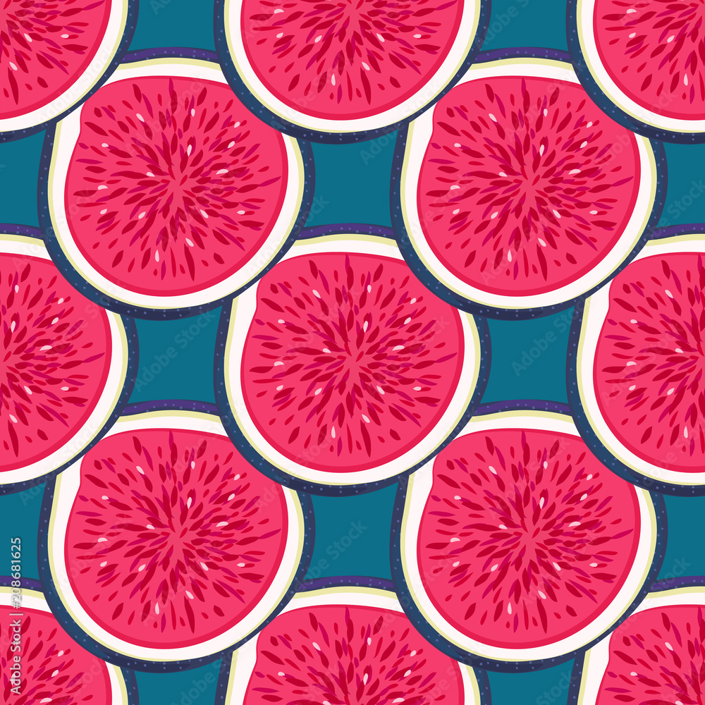 Seamless pattern with halves figs. Healthy dessert. Fruity repeating background. Hand drawn fruits. Exotic food. Wrapping, print on clothes, wallpaper, summer banner. Vector illustration, eps10 Seamless pattern with halves figs. Healthy dessert. Fruity repeating background. Hand drawn fruits. Exotic food. Wrapping, print on clothes, wallpaper, summer banner. Vector illustration, eps10
