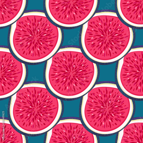 Seamless pattern with halves figs. Healthy dessert. Fruity repeating background. Hand drawn fruits. Exotic food. Wrapping, print on clothes, wallpaper, summer banner. Vector illustration, eps10