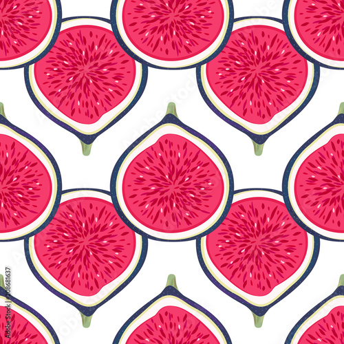 Seamless pattern with halves figs. Healthy dessert. Fruity repeating background. Hand drawn fruits. Exotic food. Wrapping, print on clothes, wallpaper, summer banner. Vector illustration, eps10