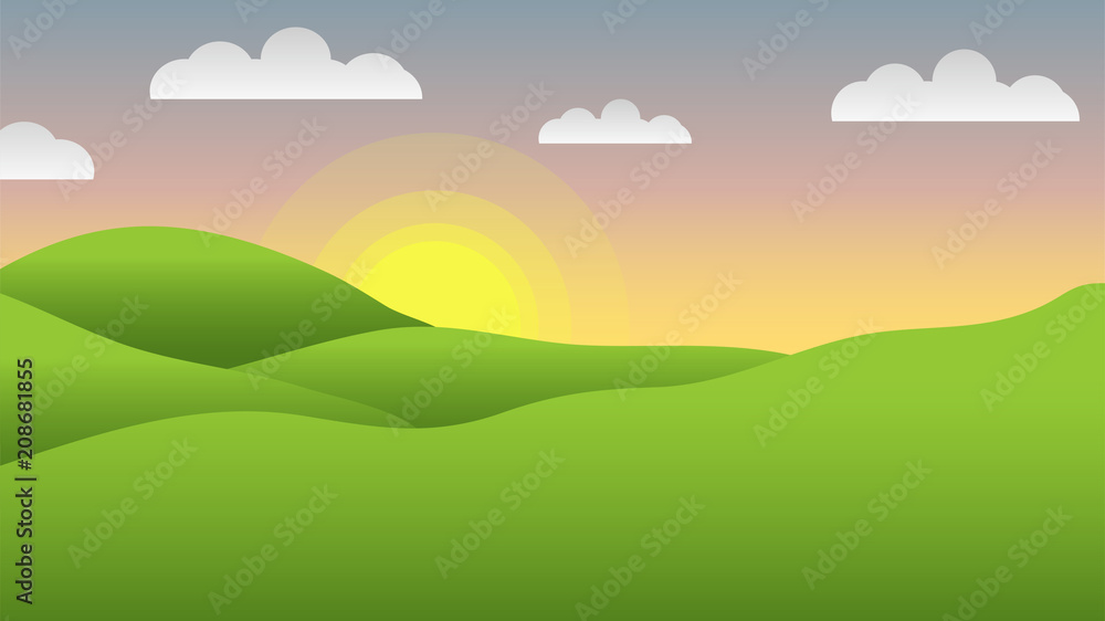 Valley landscape with sun, hills and clouds. Vector illustration.