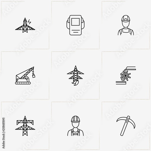 Industry line icon set with worker, icebreaker  and crane