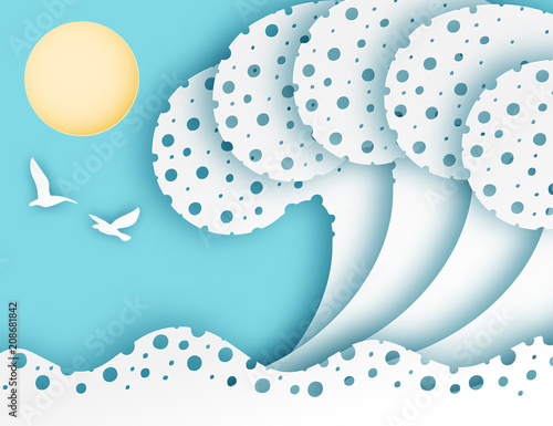 Abstract paper art sea or ocean water waves, sun and gulls. Summer blue elegant background. Paper sea waves with lines and bubbles. Paper cut style