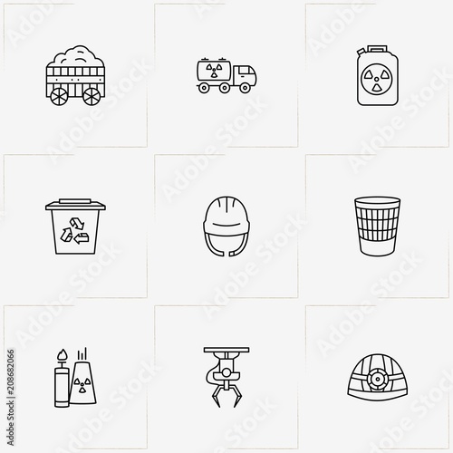 Industry line icon set with industry trolley, crane hoist and gas canister