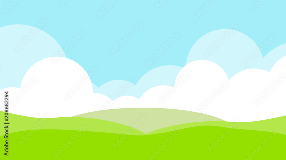 Valley landscape with hills,  clouds and sky. Vector illustration.