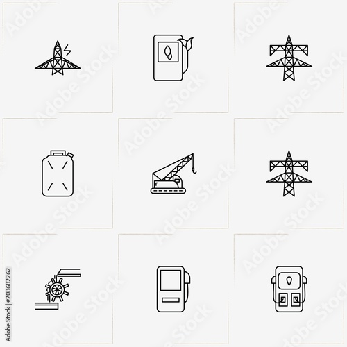 Industry line icon set with crane , gas canister and electric tower